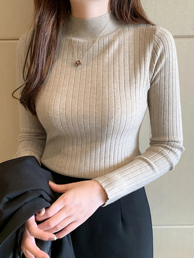 Autumn Winter Knitted Ribbed Turtleneck Sweater – Women’s Slim-Fit Long Sleeve Pullover Top, Cozy Korean Style