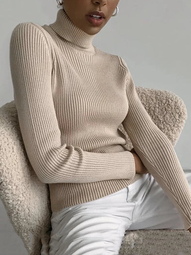 Basic Turtleneck Ribbed Knitted Sweater – Women’s Slim-Fit Warm Pullover Top for Autumn & Winter
