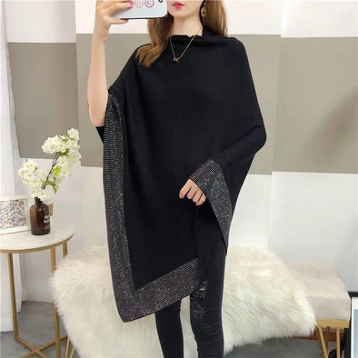 Black Elegant Diamond-Inlaid Knit Cape Sweater - Batwing Pullover Cloak with Irregular Hem, Women's Fashion Top | Haute Damsel