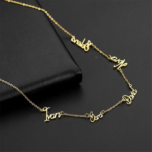 Custom 6-Name Family Necklace – polished stainless steel pendant with engraved names.