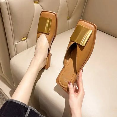 Designer Women's Slippers – Metal Buckle Mules, Flat Heels, Square Toe Sandals