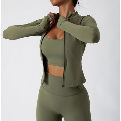 Close-up of the full-zip front on the Fitness Yoga Jacket, highlighting its adjustable ventilation