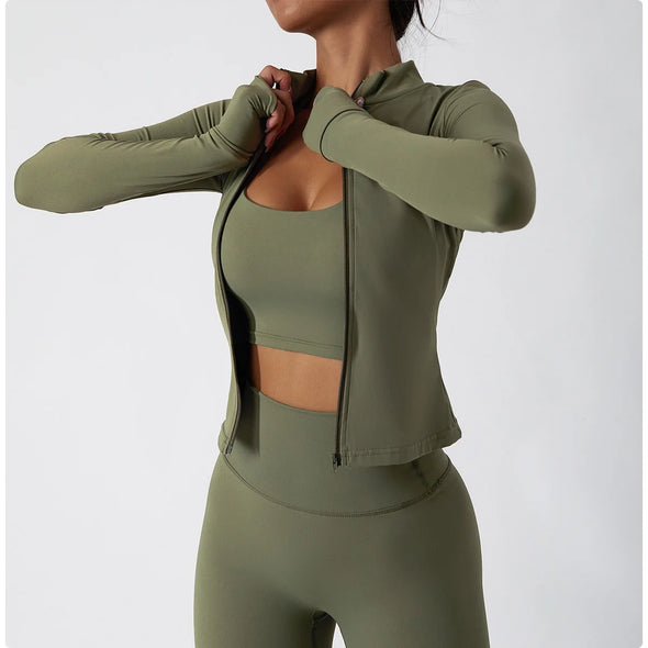 Close-up of the full-zip front on the Fitness Yoga Jacket, highlighting its adjustable ventilation