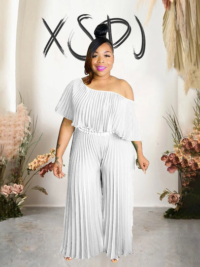 Elegant Off Shoulder Jumpsuit - Full-Length, Summer, Pleated, Plus Size