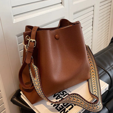 Fashion Bucket Bag for Women – Designer PU Leather Shoulder & Crossbody Bag, Luxury Wide Strap Ladies Handbag & Tote