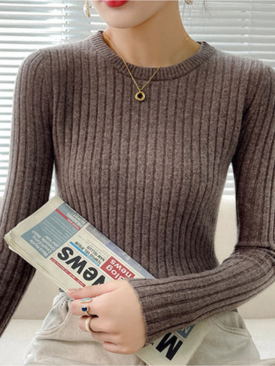 Fashion Ribbed Knit Women’s Sweater – Soft Long Sleeve Pullover for Autumn & Winter