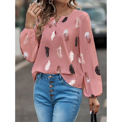  Feather Print Chiffon Top - Long Sleeved V-neck Loose Blouse for Women | Haute Damsel