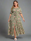 Women's Plus Size Floral-Print Maxi Dress - Knot Front, Ruffle Hem, Puff Sleeve