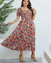 Floral Print Dress - Square Neck, Puff Sleeve, Ruffle Hem A-line Maxi Dress