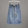 Front view of denim skirt with tie waist 