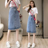 Front view of denim skirt with tie waist 