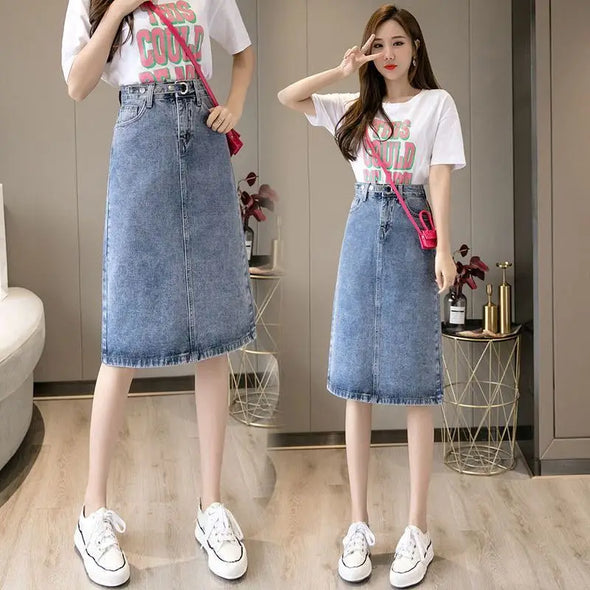 Front view of denim skirt with tie waist 