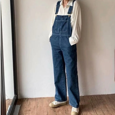 Women's high waist denim jumpsuit - Wide leg blue jeans