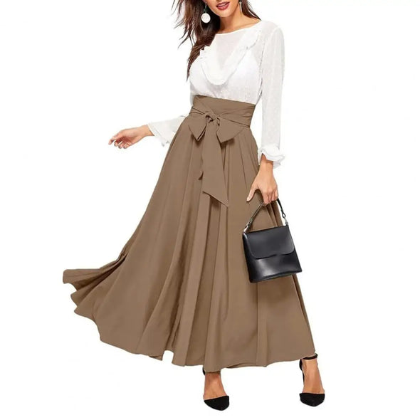 High-waist lace-up maxi skirt front view   khaki color