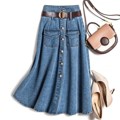 Korean-style denim skirt front view with belt