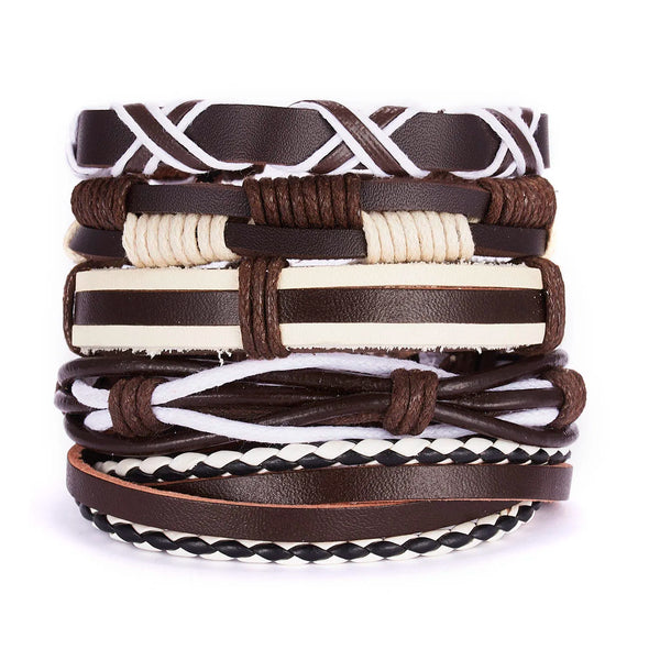 Leather Couple Bracelet Set – black and brown bracelets on wooden backdrop