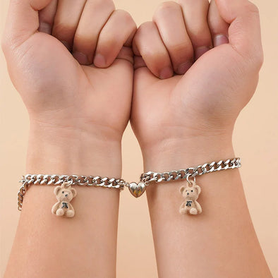 Magnetic Heart Chain Bracelet with Plush Bears – Couple Set Front View