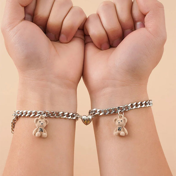 Magnetic Heart Chain Bracelet with Plush Bears – Couple Set Front View