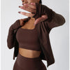 Zip Fitness Yoga Jacket – front view, showcasing the full-zip design and long sleeves in Dark brown 