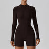 Zipper Front Yoga Bodysuit – front view, showcasing the zipper design and sleek fit in Brown 