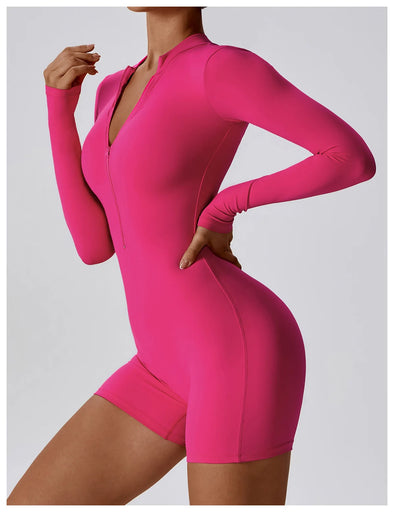 Side view of the model wearing the Zipper Front Yoga Bodysuit, showcasing the flattering fit