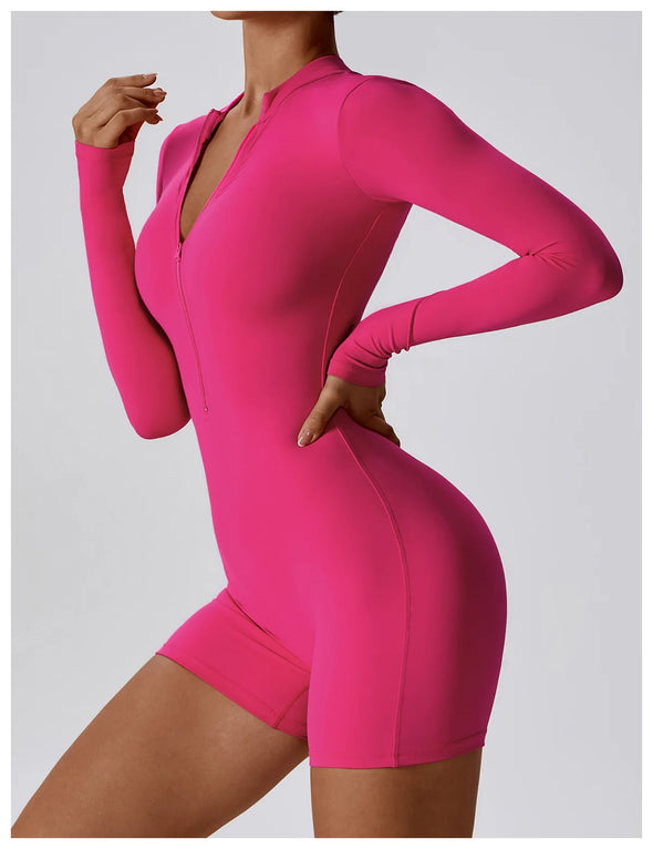 Side view of the model wearing the Zipper Front Yoga Bodysuit, showcasing the flattering fit