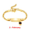 Personalized Baby Name Bracelet – engraved stainless steel bangle with birthstone charms.  
