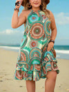 Women's Plus Size Ethnic Print Halter Dress - Bow Tie, Sleeveless, Layered Ruffle Hem