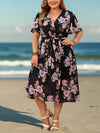 Plus Size Floral A-Line Dress - Surplice Neck, Butterfly Sleeve, Belted, Summer Holiday