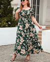 Plus Size Women's Floral Print Maxi Dress - Square Neck, Puff Sleeve, Bohemian Style