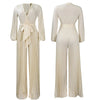 Women's Plus Size Long Sleeve Jumpsuit - Lace Up, Pleated, Wide Leg, Autumn, Club Party, Elegant