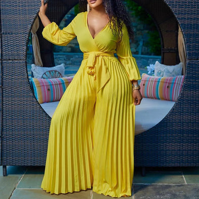 Plus Size Long Sleeve Jumpsuit - Lace Up Pleated Wide Leg  Club Party