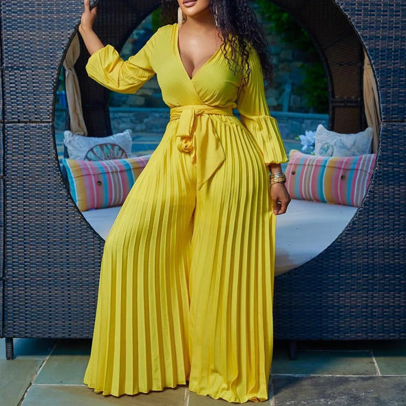 Plus Size Long Sleeve Jumpsuit - Lace Up Pleated Wide Leg  Club Party