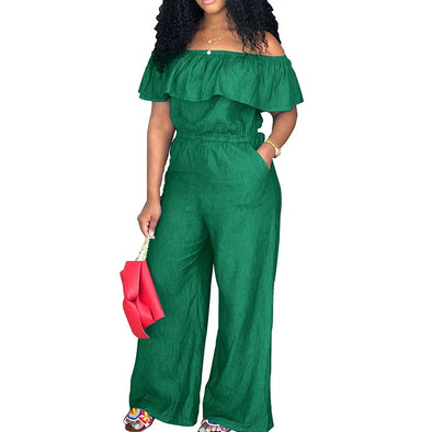 Plus Size Off Shoulder Denim Jumpsuit - Wide Leg, Casual, Autumn Elegant