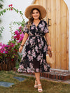Plus Size Floral A-Line Dress - Surplice Neck, Butterfly Sleeve, Belted, Summer Holiday