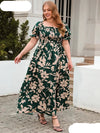 Plus Size Women's Floral Print Maxi Dress - Square Neck, Puff Sleeve, Bohemian Style