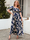 Plus Size Women's Floral Print Maxi Dress - Square Neck, Puff Sleeve, Bohemian Style