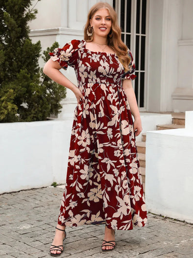 Plus Size Women's Floral Print Maxi Dress - Square Neck, Puff Sleeve, Bohemian Style