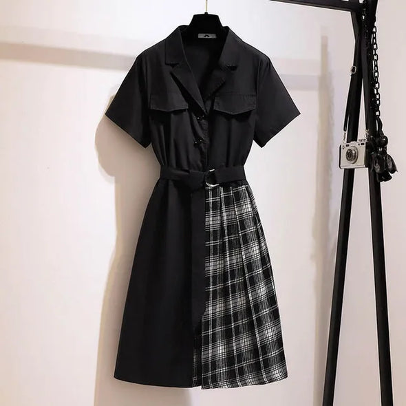 Plus Size Women's Summer Plaid Dress - Notched Stitching Waist, Asymmetric Design 