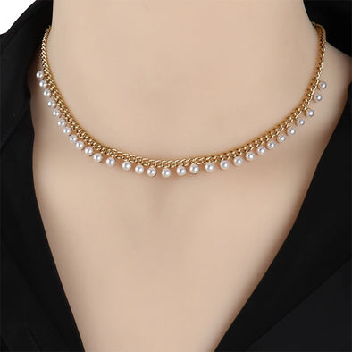 Punk Geometric Pearl & Zircon Choker – stainless steel chain with pearls and crystals 
