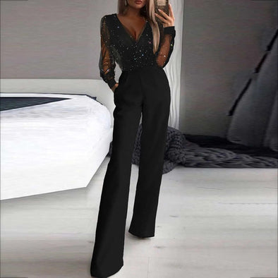 Dazzling Elegance: Black V-Neck Mesh Sequins Jumpsuit | Haute Damsel