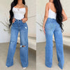 High Waist Wide Leg Jeans - Distressed Denim with Zipper Fly