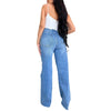 High Waist Wide Leg Jeans - Distressed Denim with Zipper Fly