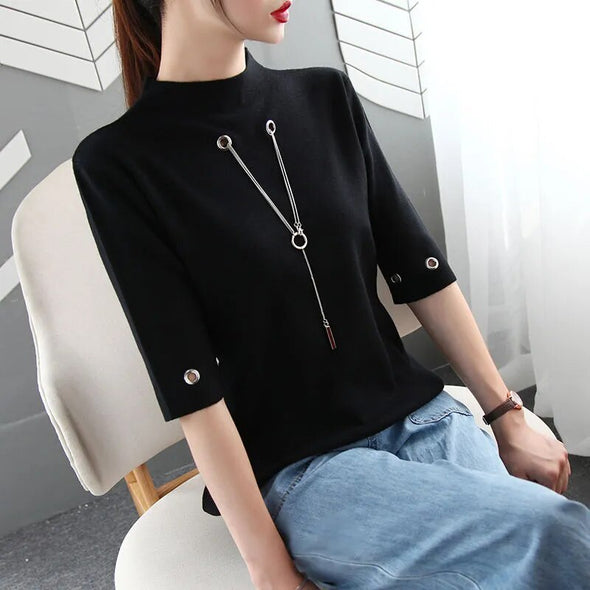 Sequined Pendant O Neck Half Sleeve T-Shirt - Haute Damsel 