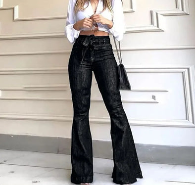 High waist flare jeans - Solid color zipper fly streetwear pants