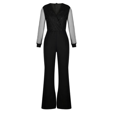 Dazzling Elegance: Black V-Neck Mesh Sequins Jumpsuit | Haute Damsel