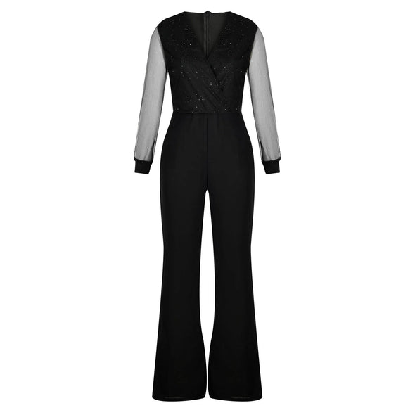 Dazzling Elegance: Black V-Neck Mesh Sequins Jumpsuit | Haute Damsel