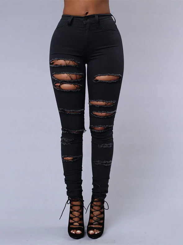 New spring summer ripped jeans - Elastic trousers black and white fashion sexy skinny denim pencil pants