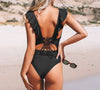 Ruffled V-Neck Lace Up Monokini - Channel Romance and Confidence with Haute Damsel