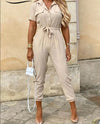 Casual Elegance: Lapel Buckle Printed Belt Jumpsuit | Haute Damsel